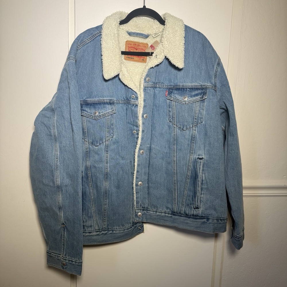 Levi's Men's Blue Denim Sherpa Trucker Jacket Faux Fur Lined Sz XXL NWT